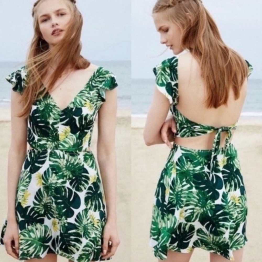 for love and lemons monstera tropical tie back cutout dress